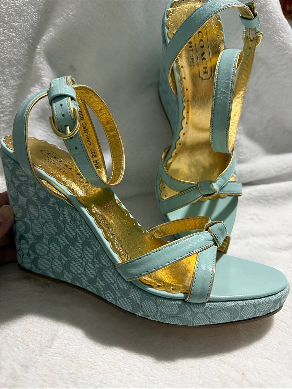 Y2K Coach baby blue and gold wedge sandals Cathleen
